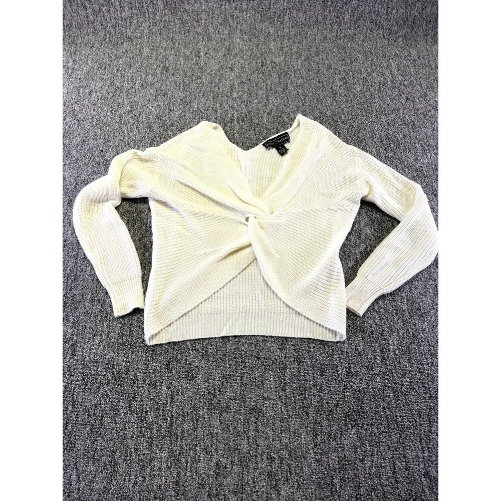 Polly & Esther Sweater Womens Medium Beige Knit Twist Front V Neck Winter Warm